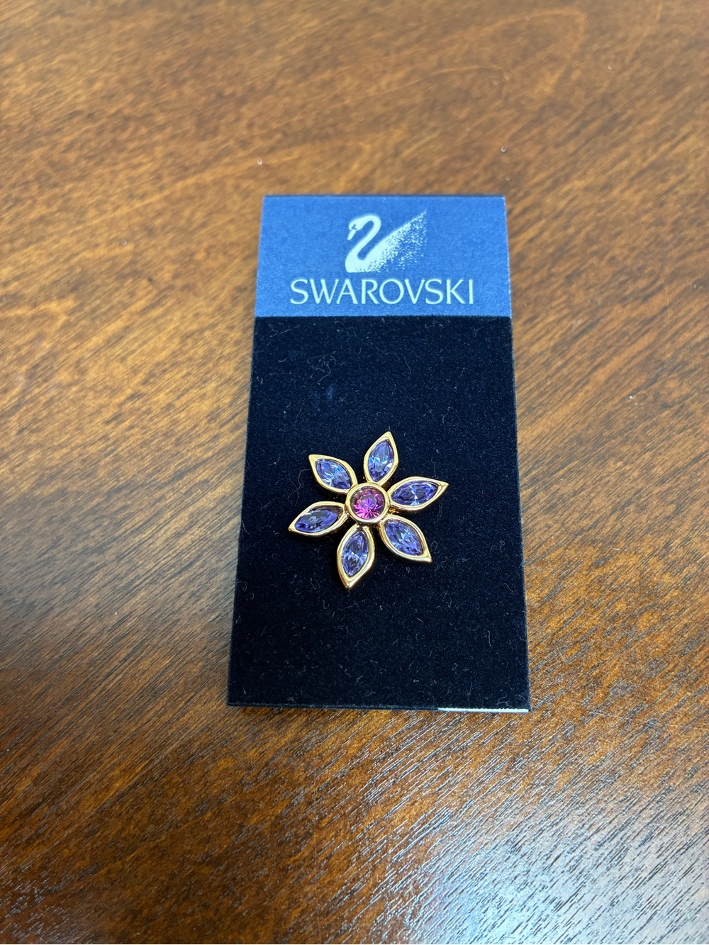 Swarovski Gold-Tone Purple Flower Pin with Pink Center NEW